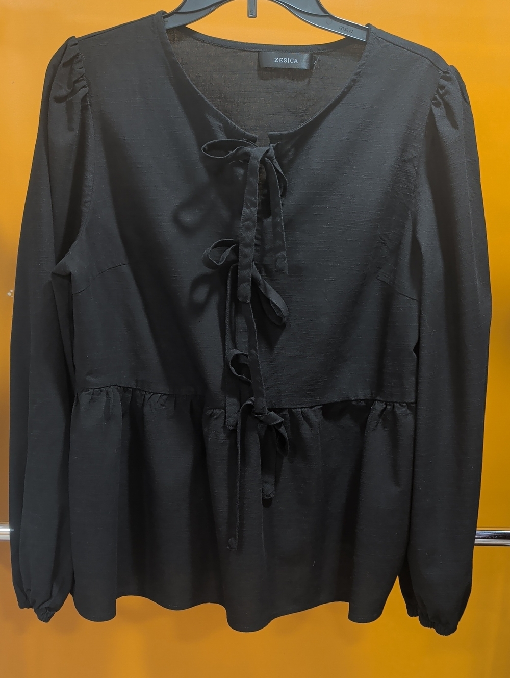 ZESICA Black Tie-Front Peplum Blouse - Women's Top Size L